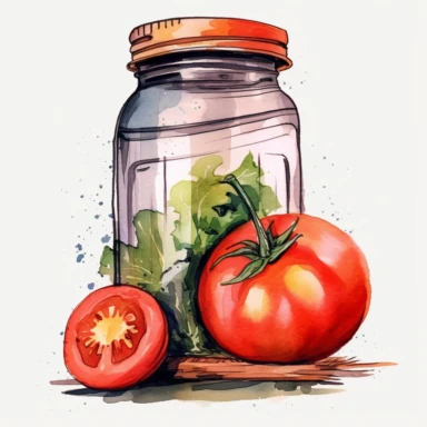 a single tomato mason jar watercolor clipart & clip art, in the style of light red and dark gray, narrative paneling, classic american cars, uhd image, hand lettering, depiction of rural life, wood