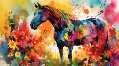 A vibrant watercolor of a single horse rendered as a digital clipart, drawing inspiration from the bold, expressive blooms found in Emil Nolde's garden paintings, featuring a vivid color palette that captures the flowers' natural radiance, illuminated by bright, contrasting light that emphasizes the rich, saturated hues and dynamic brushwork, and composed using an organic, free-flowing layout that conveys a sense of movement and growth.