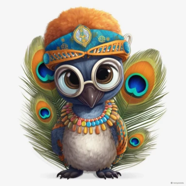 sticker, clipart, cartoon of a cute male Indian Peafowl cub with sun glasses and headphones, iridescent tail feathers, dressed with african gear,Dashikis, head wraps, kaftans, and Maasai beadwork jewelry, 3D, disney pixar style, puppy eyes, looking at athe camera, white background ,high definition, high resulotion, highly detailed,16K