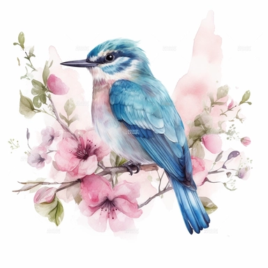 A watercolor illustration of a blue bird on a branch of pink flowers clipart, in the style of instant film, frieke janssens, adrianus eversen, pictorial fabrics, cute and dreamy, cherry blossoms, uhd image on white background
