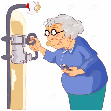 clipart of a grandmother installing a meter on a heating pipe on a white background