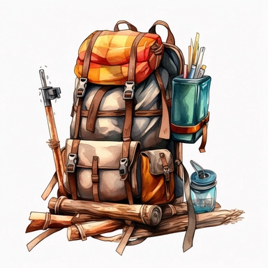 watercolor, Backpack - Clip art of a backpack with camping gear. png Full body realistic cartoon in 32K UHD cute. 15 cm thick outline. Black color. There was no shadow on the ground. 8k with realistic watercolors and detailed illustrations. PNG clipart, transparent white background