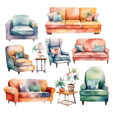 clipart furniture watercolor flat color simple lines cute cartoon white background , 8k,---q 3