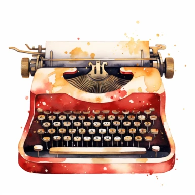 watercolor vintage typewriter gold and red hues clipart on a white background