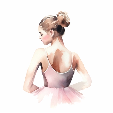 watercolor drawing semi-realistic clipart of a young adult woman ballerina in a pink tutu, hair in a bun