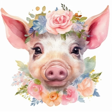 Nursery Print baby head pig flowers drawn in watercolor style, vector design, , Sublimation Clipart ,Cartoon,hyper realistic, intricate detail, illustration style,high solution,on the white background