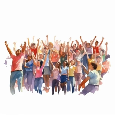 watercolor, The crowd of a happy people group, welcoming and applauding. Active fans audience with hands up standing together. Young men and women yelling at the event. png Full body realistic cartoon in 32K UHD cute. 15 cm thick outline. Black color. There was no shadow on the ground. 8k with realistic watercolors and detailed illustrations. PNG clipart, transparent white background