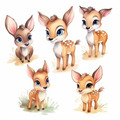 cute, water color, Disney Bambi clipart sets, with white background