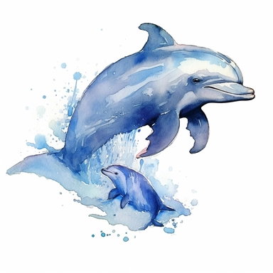 a Dolphin With Baby in the style of watercolour clipart with detailed brush strokes