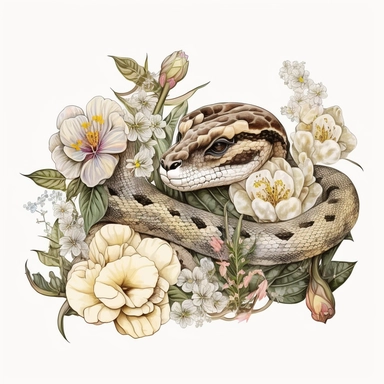 cute boa constrictor, clipart, flowers, realistic, very detailed, white background