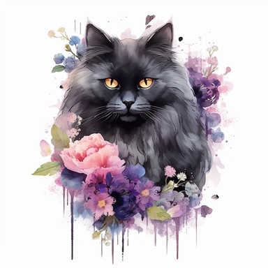 fluffy long haired persian black cat with flowers, dark watercolor clipart , ultrarealistic, very detailed, finished corners, finished edges, no excess sprinkles
