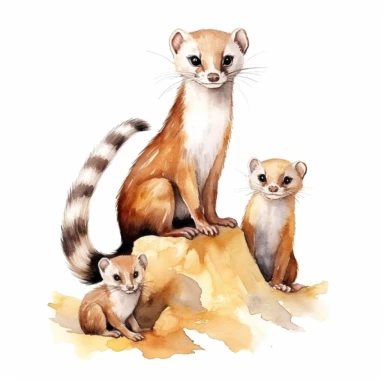 African striped weasel kit, clipart, white background, watercolor