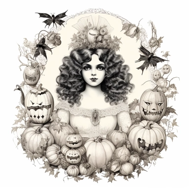 Victorian vintage, haloween, clipart, white background, in medium of conté