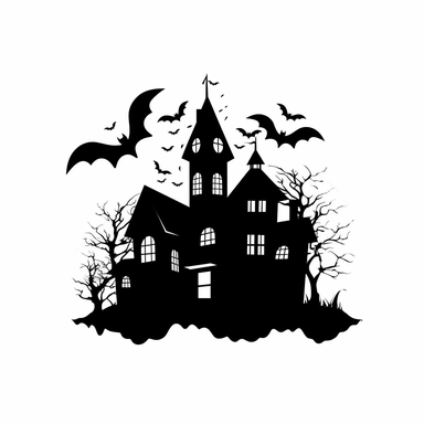black and white silhouette of a spooky castle with bats flying around it, clipart style, white background, thick lines, vector, simple design, flat colour, solid colour, halloweencore