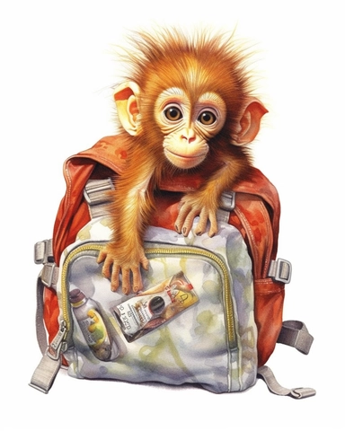 detailed watercolor Baby Monkey with school bag , hyper realistic, isolated on a white background, clipart