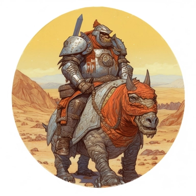 riding rider badass desert lightly-armored orc orcish scout wearing a fantasy Regency-era military-style uniform, CM Russell Mike Allred Josh Kirby Mad Max Dungeons & Dragons, handpainted punk zine indie retrowave film poster, clipart illustration, circle white background, circular border