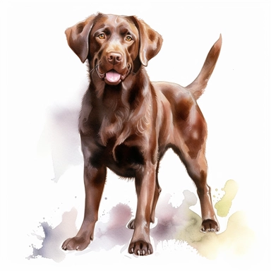 chocolate labrador retriever, watercolor illustration, clipart, full body, hyper-realistic animal illustration, childlike, free brushwork, white background