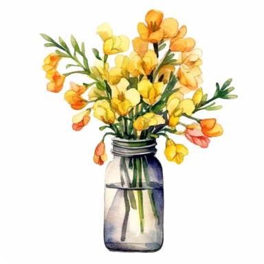 a bunch of freesia in a empty bottle no water mark, water colour clipart, white background