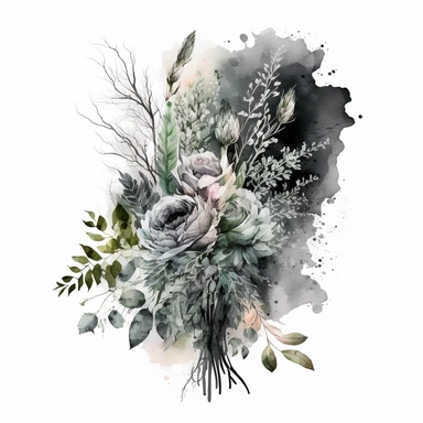 clipart watercolor detailed and realistic. on white background. beautiful flower tribute, Bouquet. dark theme, greyscale - loss funeral Themed tribute bouquet