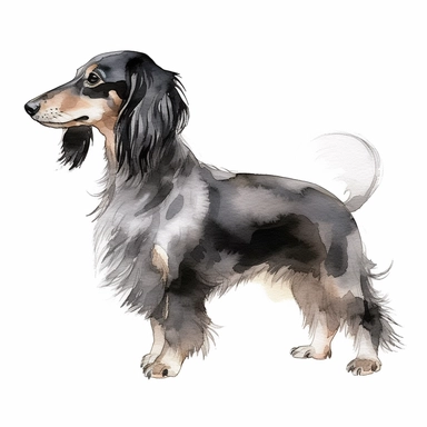 watercolor single clipart of a black and white long haired dachshund seen in profile
