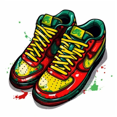 red and green Nike shoes with yellow Stitching black shoelaces shiny vector clipart art in comic book style hand drawn water paint on a white background
