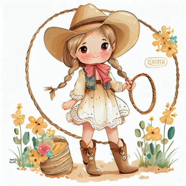 cute little girl Cowgirlholding a lasso Clipart, happy and smiling, Wild West Clipart, Watercolor Western Clipart, grass, flowers