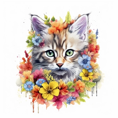 Beautiful colorful kitten on flowers, summer vibes, hand drawing digital art, clean design, sublimation, colorful, watercolor style, white background, 4K, extremely detailed, clipart