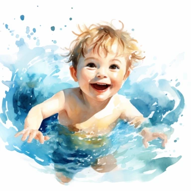 watercolor extremely happy kid swimming in a pool clipart on a white background