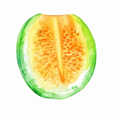 Create a vibrant watercolor clipart illustration of a single slice of fresh cantaloupe, with juicy orange inside and bright green rind ,watercolor, vector, contour, white background.