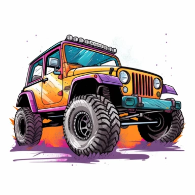 Lifted jeep sublimation clipart, neat, clean, detailed, white background, vibrant and bold colors, neat, clean, vector art