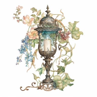 water color, one, 1, old Victorian candle holder covered in vines and flowers, late night, in a cottagecore style, white background, clipart style