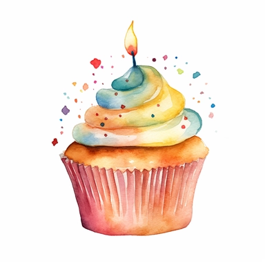 watercolor cupcake with birthday candle clipart, simple cupcake illustration on white background