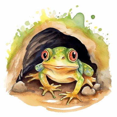 Create a watercolor illustration clipart of a playful cute Frog Digging a tunnel, with its full body visible. Use soft, flowing brushstrokes and a warm, inviting color palette to create an image that is both charming and whimsical. Incorporate intricate details like the motion of the Frog Digging a tunnel to create a lifelike, realistic image. Can add other elements to the illustration like related item to play to create playful scene. Use white background to allow the watercolor textures to shi