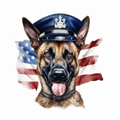 watercolor clipart, cute Belgian Malinois, in style policeman, full body, Police Badge collar, Police Uniform, police Hat or Cap, background american Flag, suitable for printing, hyper detailed, 300 dpi, 8k, high solution, no watermark