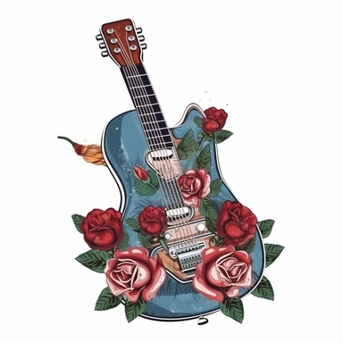 guitar with roses sublimation clipart, vector, illustration, 2d, flat colors, isolated background