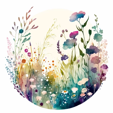 Stunning watercolor clipart portraying a blooming flower meadow. circular design on white background. flowers growing around the circle. Channel the fluid and ethereal quality reminiscent of Monet's Impressionist style. Play with natural and artificial lighting to create dappled shadows. white background. Employ a harmonious color palette combining pastels and bold contrasting colors. Utilize a wide-angle lens to capture the expansive view of the field, framing the focal point off-center for a d