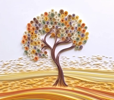 africa accacia trees landscape, art of quilling clipart, gold and glory pastel mute soft colors, illustration, white solid background,