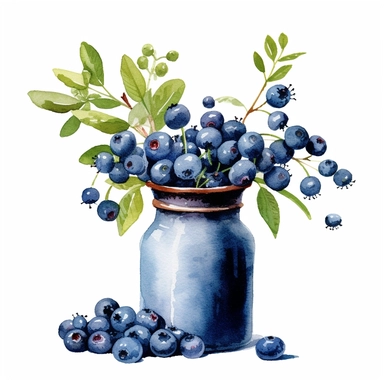 Commercial shot of realistic watercolor painting of a really cute cottagecore blueberry themed flower vase clipart, aesthetic, good looking food, delicious, yummy, foodie, healthy, white background no text, isolated on white, watercolor illustration, award winning, strong and sharp lines