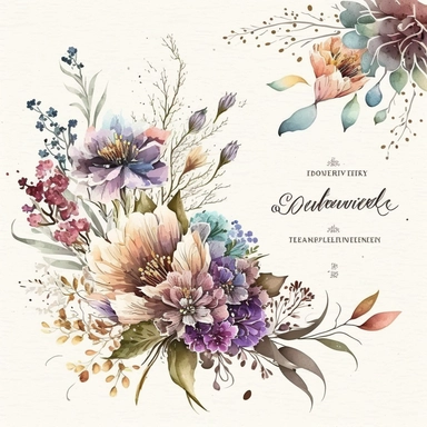 Wildflower Clipart Watercolor Floral Wedding Spring Flowers Premade Corner Arrangement. Bachelorette party, pink, blue, purple and brown pastel colors on white background FOR GIFT CARD, WEDDING INVITATIONS