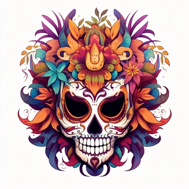 isolated flat clipart on a white background of a spooky day of dead themed voodoo mask tshirt design graphic, in the style of daniel f. gerhartz, transcendent, nikon d850, art of burma, captures the essence of nature, in the style of organic forms and patterns, expansive skies, hyper-detailed illustrations, i can't believe how beautiful this is, lively colors