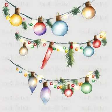 christmas lights garland, clipart, watercolor, white background