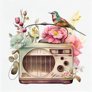 Vintage old radio ( a little floral, bird on radio) pastel watercolor clipart