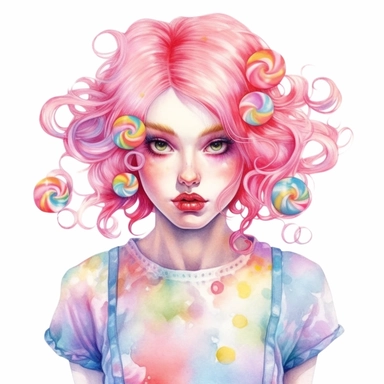 Watercolor gorgeous pink and rainbow haired candy girl Sublimation Clipart,hyper realistic, intricate detail, illustration style,high solution,on the white background