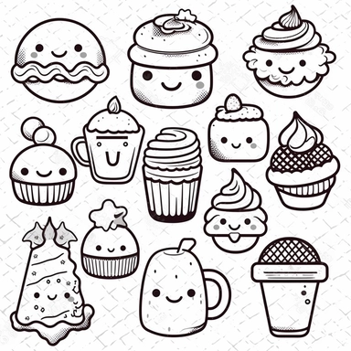 vector line art, Kawaii desserts clipart set - kawaii food - cute food - cakes - cupcake - donut - ice cream - pancake - croissant - cookie - nutella - Nursery clipart, black and white line art