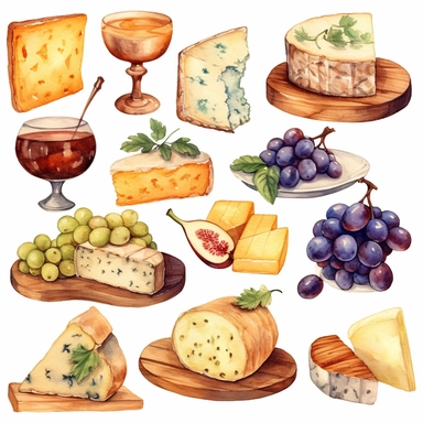Watercolor cheese platter with wallnuts and grapes and raisins and figs nicely placed along with cheese on a very large wooden flat plate or cutting board, illustrations clipart set, simple, soft colors, cartoon elements, different variants, cheese from around the world, wooden elements, separate elements with a margin