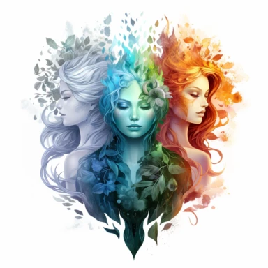 Ethereal nature elemental witches, representing (earth, fire, water and air )Clipart sheet in the style of Anna Dittmann, vivid, separated with a margin, white background