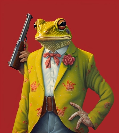 american old fashioned a frog with a gun clip art stlaaayb, in the style of brian bolland, nickolas muray, realist detail, yellow and crimson, blink-and-you-miss-it detail, dino valls, joyful and optimistic