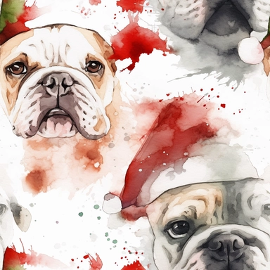 Christmas theme, Christmas colors, bulldog wearing Santa hat, Christmas packages, French bulldog, French Bulldog dog looking up and away, 3/4 head shot, high quality, 4K, watercolor, watercolor splash, clipart, white background