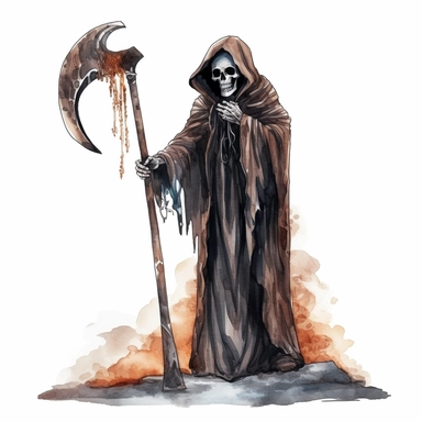 Grim Reaper hold the scythe, standing next to the tombstone, skulls Sublimation Clipart, watercolor Illustration clipart, 4K, extremely detailed, isolated on white background, ultra details--s 250