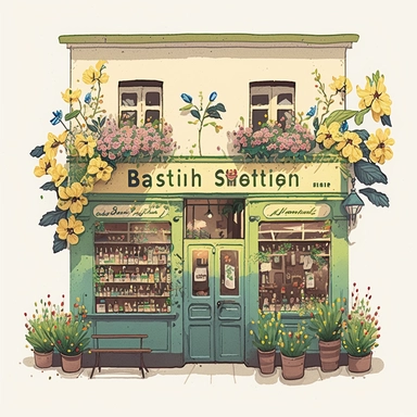 a German beer shop in Berlin, white background, detailed, sharp, vibrant colors, mint, yellow, watercolor texture, ink, 2d anime style, glowing from inside, big flowers, many small flowers, magical, clipart